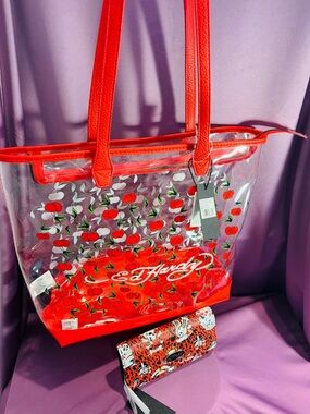 Ed Hardy Red Clear Cherry Tote Bag and Wallet Set